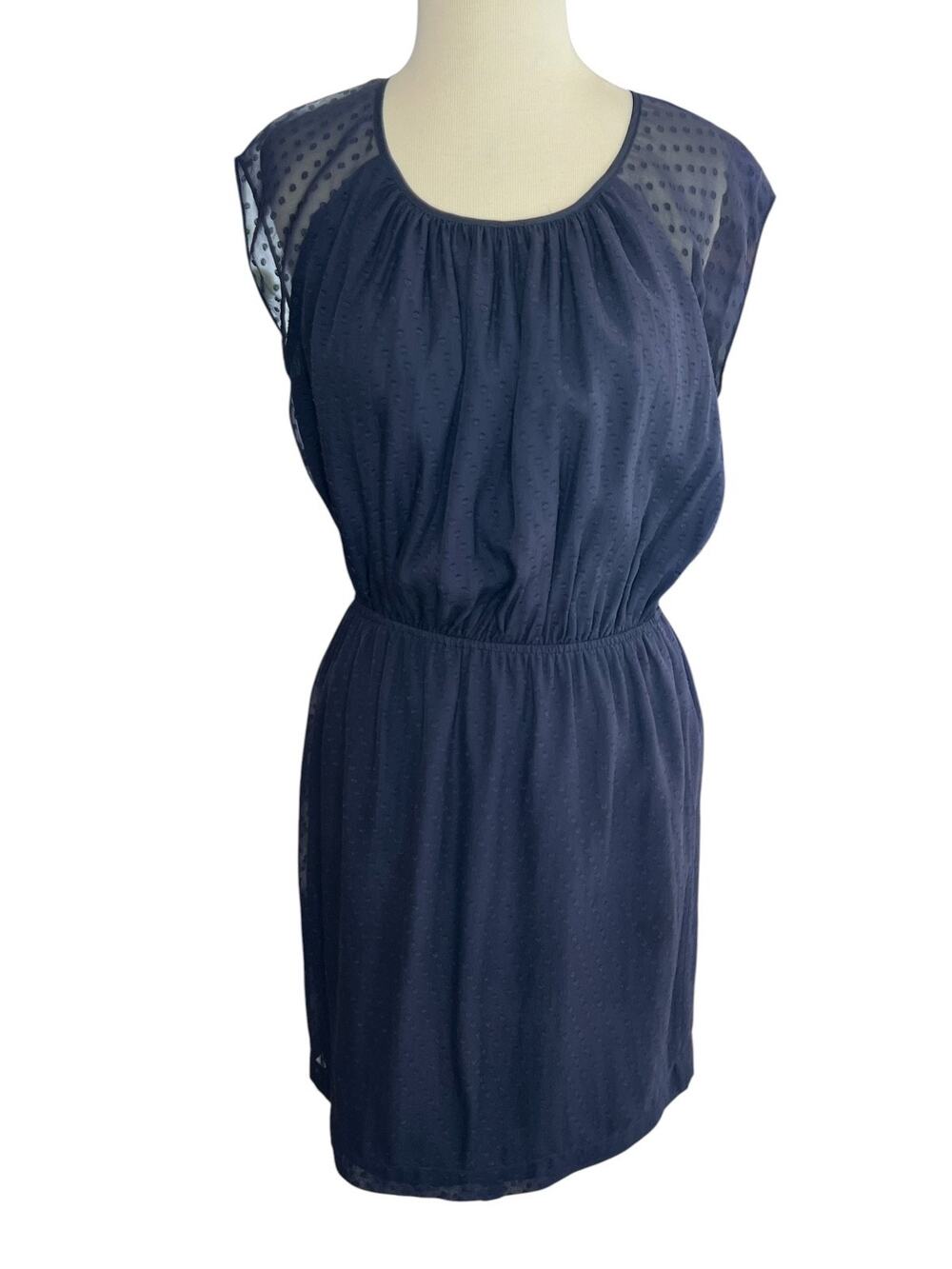 SESSUN France Antonina Navy Blue SILK Mesh Back DRESS M Sheer Slit Back